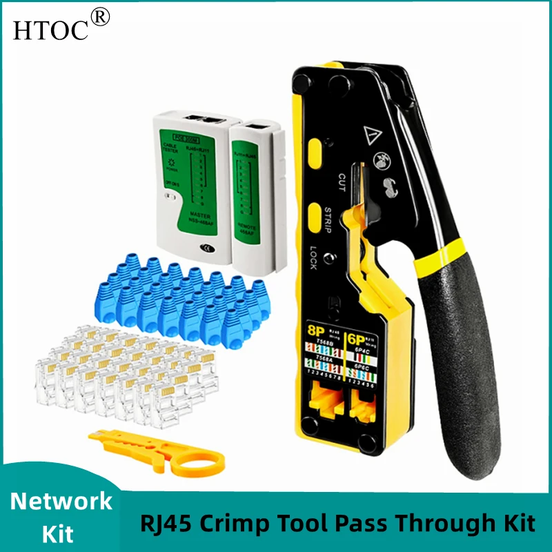 Htoc Rj45 Cabo Crimp Tool Pass Through Kit com Network Lan Cabo Tester Conectores de Passagem Cat6 Mini Botas 50 Pcs