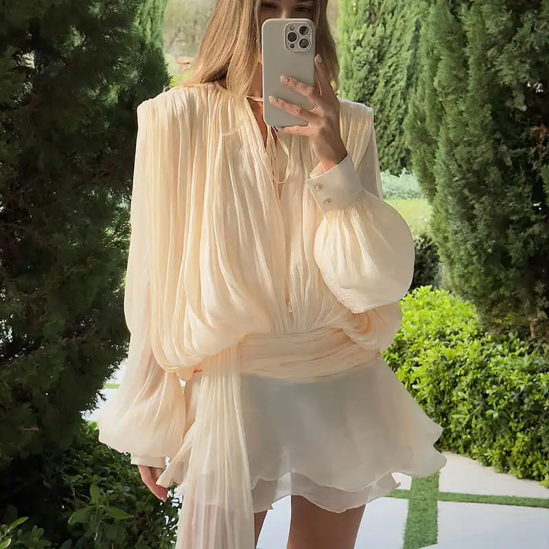 Luxury Elegant Mini Dress For Women V Collar Lace Up Blouse Dresses Long Sleeve Stacked Hem Vestido 2025 New Lady Women Clothing 4