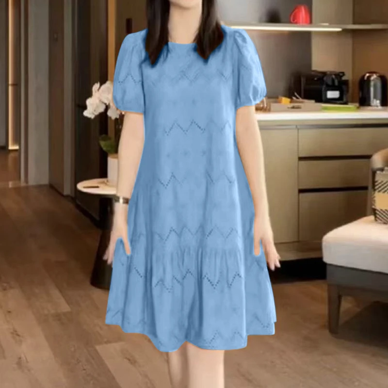 ZANZEA Damen-Kleid mit durchbrochenem Stickerei, 2022, Sommer, O-Ausschnitt, kurze Puffärmel, Patchwork, einfarbig, knielang, Kleider, 4 Farben – Detail 9