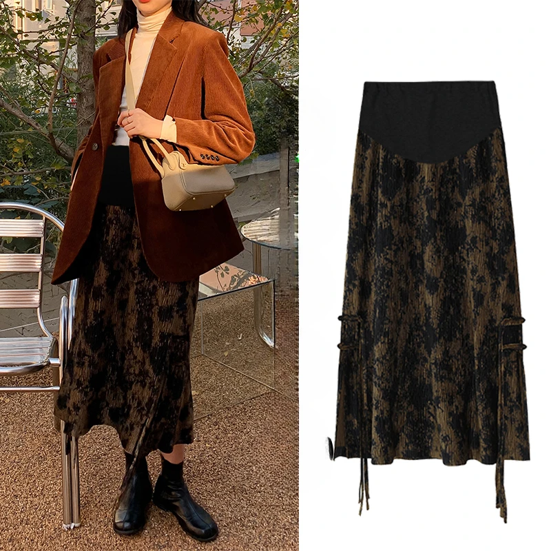 Autumn Winter Maternity Korean Style Belly A-line Skirts Long Design Side Split Tassel Patchwork Pregnant Woman Vintage Skirts