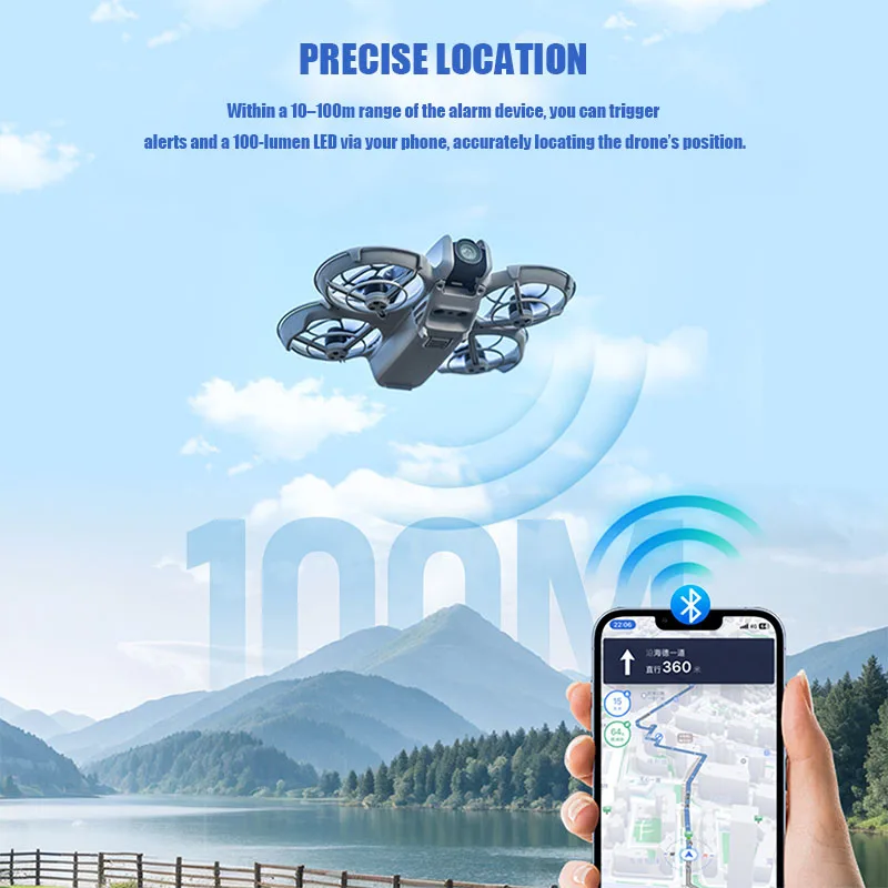 Détail du boîtier de l'alarme Tracker pour DJI NEO, avec connectique et LED