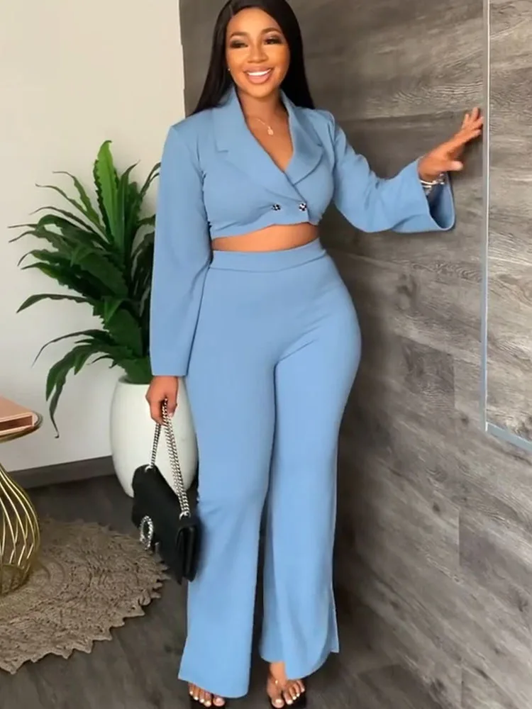 

Elegant Work Wear Two Piece Set Fall Clothes for Women Business Crop Top and Flare Pants Suits Matching Sets Sexy Club Outfits