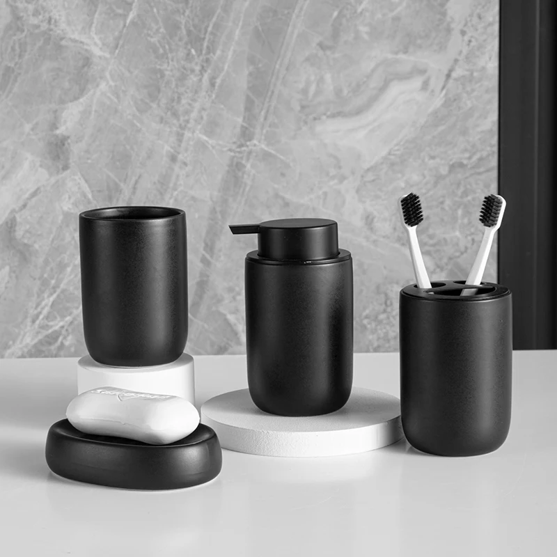 Bathroom Set Ceramic Mouthwash Cup Hand Sanitizer Bottle Toothbrush Rack Soap Dish Four-piece Bathroom Set Receive Bottle Home bathroom accessories set