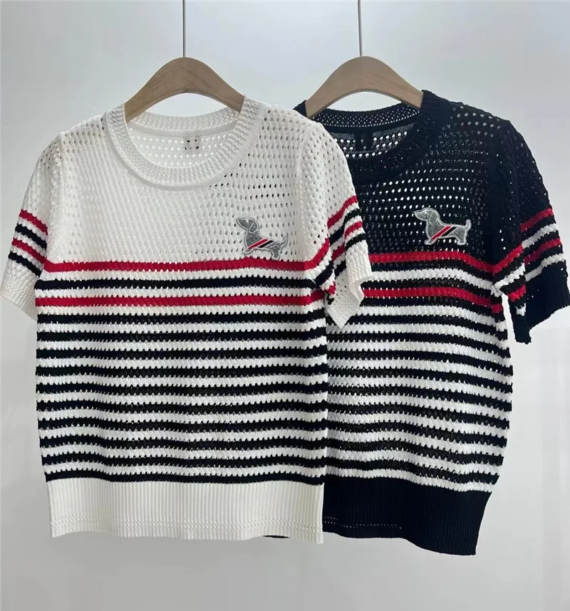 

Летние футболки с вышивкой для женщин, вязаная футболка в полоску с вырезами, короткий топ с коротким рукавом, тянущийся джемпер