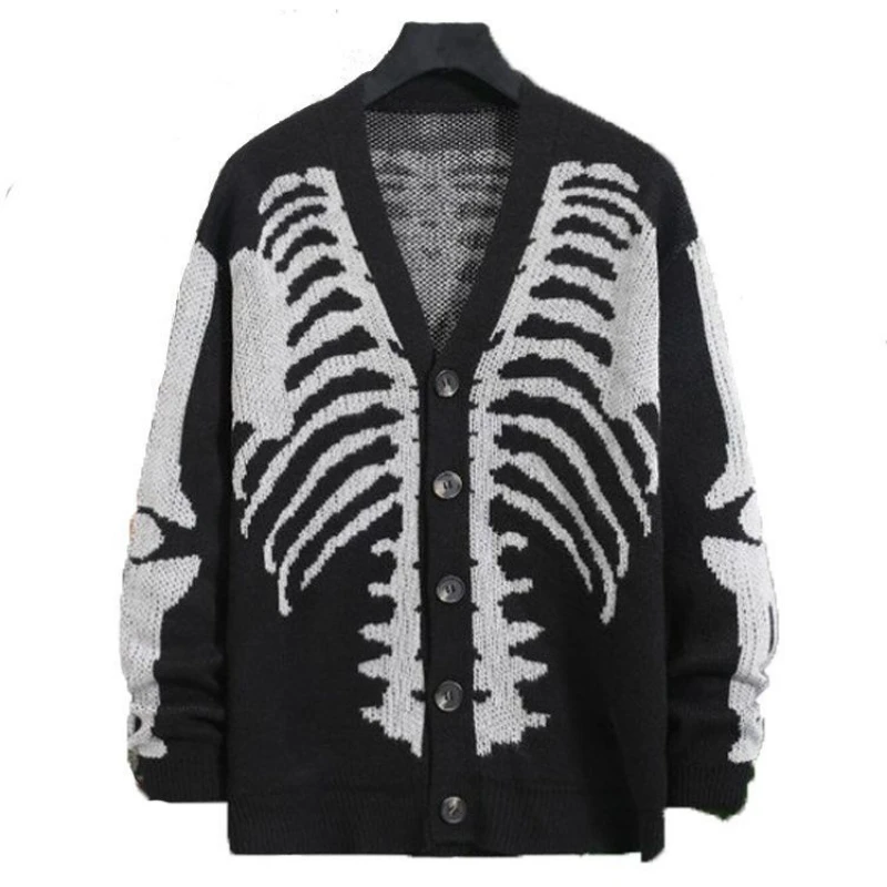 2023 Harajuku Autumn Winter men's Halloween skull printed long sleeve cardigan V-neck button down coat y2k vintage Sweater Ins