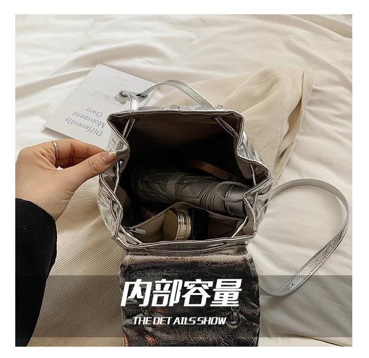 Brand Designer Laser Shiny Patent Leather Women's backpack  Casual Chain Drawstring Lock  Bucket School Bag Travel Bag 6