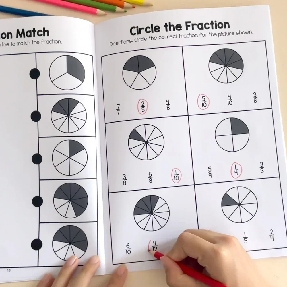 Math Fraction Practice Workbook for Kids - Educational Learning Aids in Basic Fractions (24 Pages)