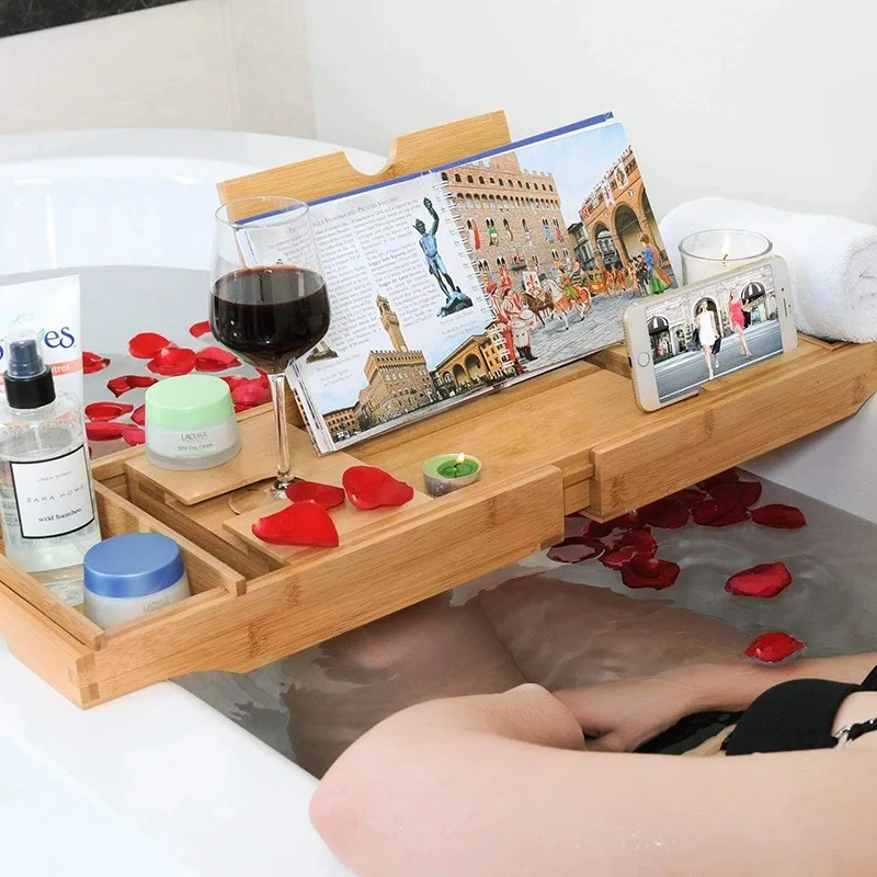 Wood Bath Accessories Bathtub Tray for Tub Adjustable Bath Tray for Tub Collapsible and Folding Bathtub Caddy