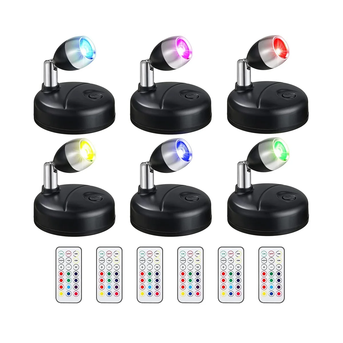 

6 Pcs RGB LED Spotlight with Remote, 13 Color Spotlight, Battery Operated Lights for Hallway Artwork Closet Black