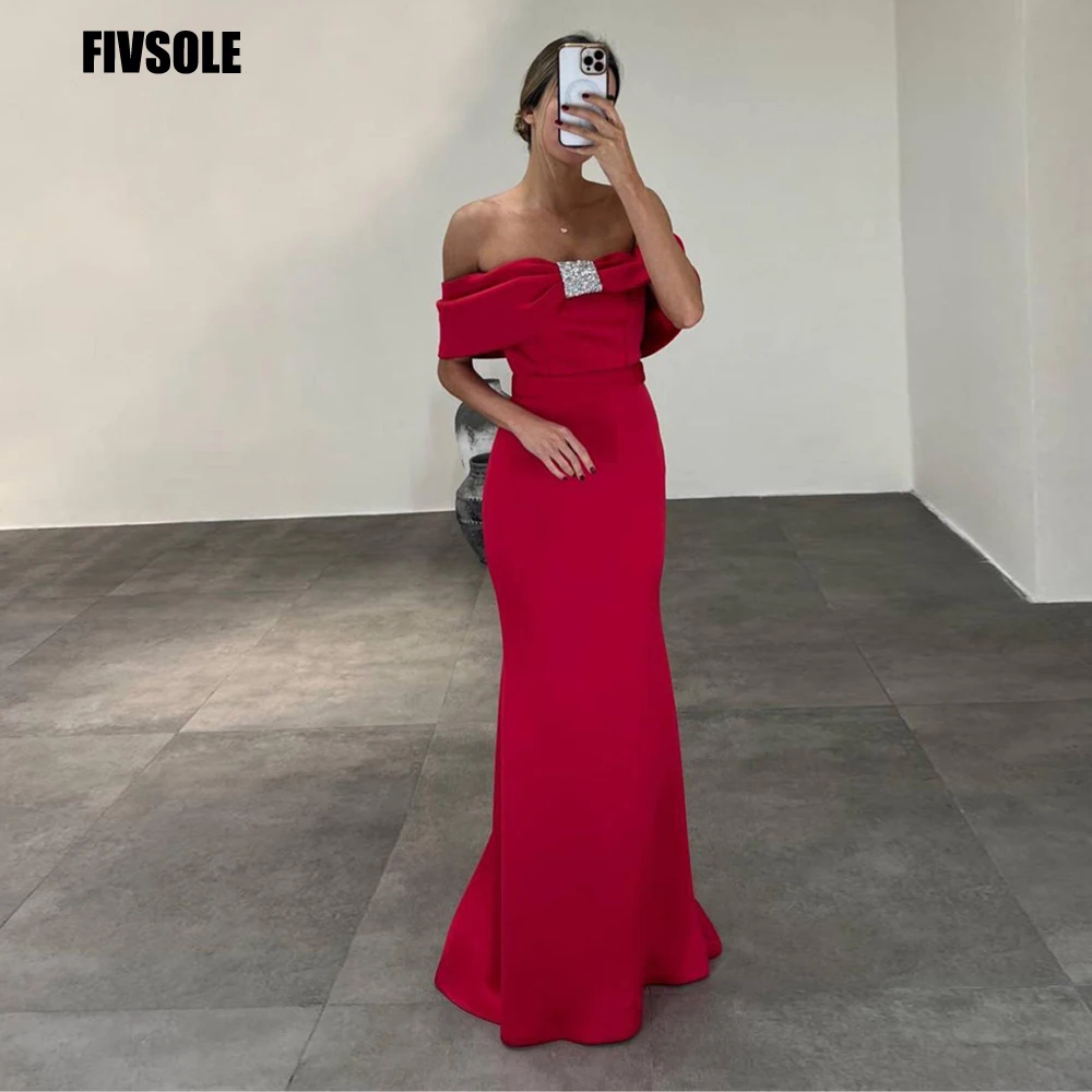 

LORIE Long Red Satin Mermaid Evening Dresses Strapless Sequins Short Sleeves Formal Event Gowns Prom Dress Vestidos De Noche