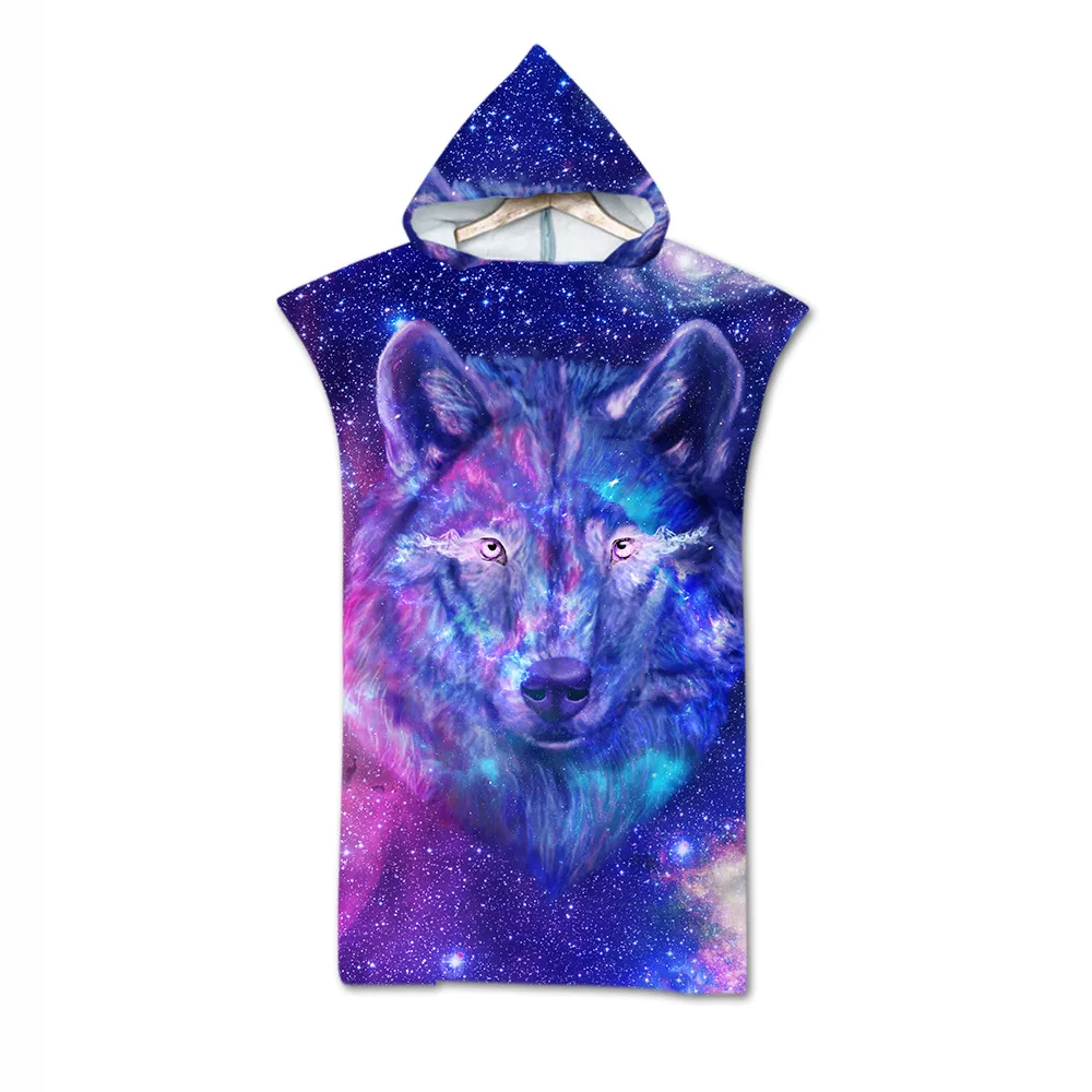 

Wolf Print Microfiber Bath Beach Towel Dress Hooded Robe Poncho for Swim Beach Surf Man Woman Bathrobe Beachwear Robe De Plage