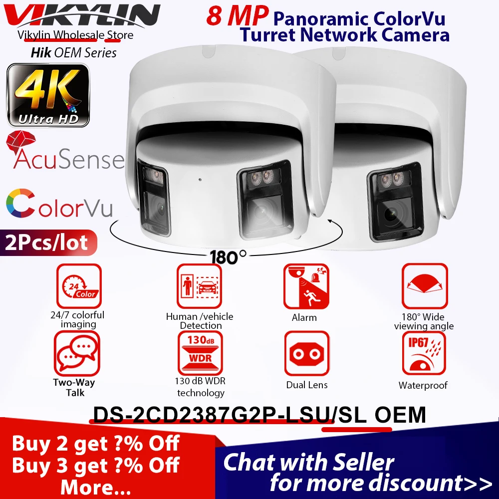 

Vikylin Dual Lens Outdoor Security Camera 4K 8MP Hik DS-2CD2387G2P-LSU/SL AcuSense ColorVu Human Vehicle Detect Cam 2pcs/lot