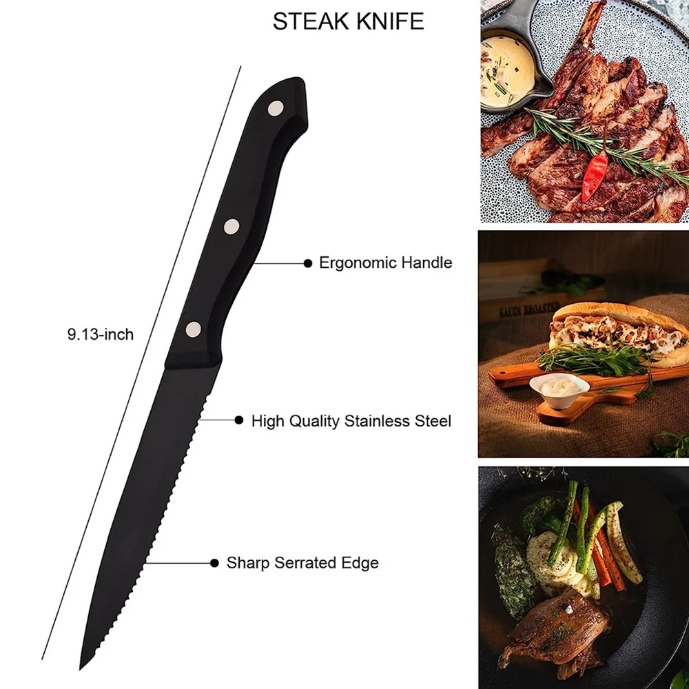 6Pcs Stainless Steel Sharp Steak Knife Black Plastic Handle Kitchen Meat  Knives Restaurant Cutlery Family Gift Dishwasher safe - AliExpress