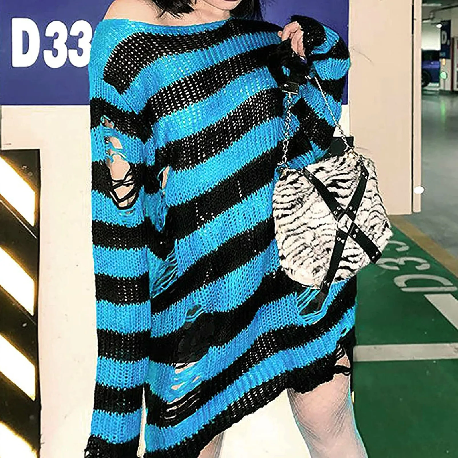 

Personality Punk Gothic Long Sweater For Women Hollow Out Hole Broken Loose Pullover Casual Fashionable Tops