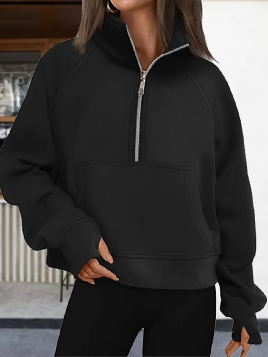 Women s Solid Color Sweatshirt Raglan Long Sleeve Turtle Neck Half Zip-up Casual Tops
