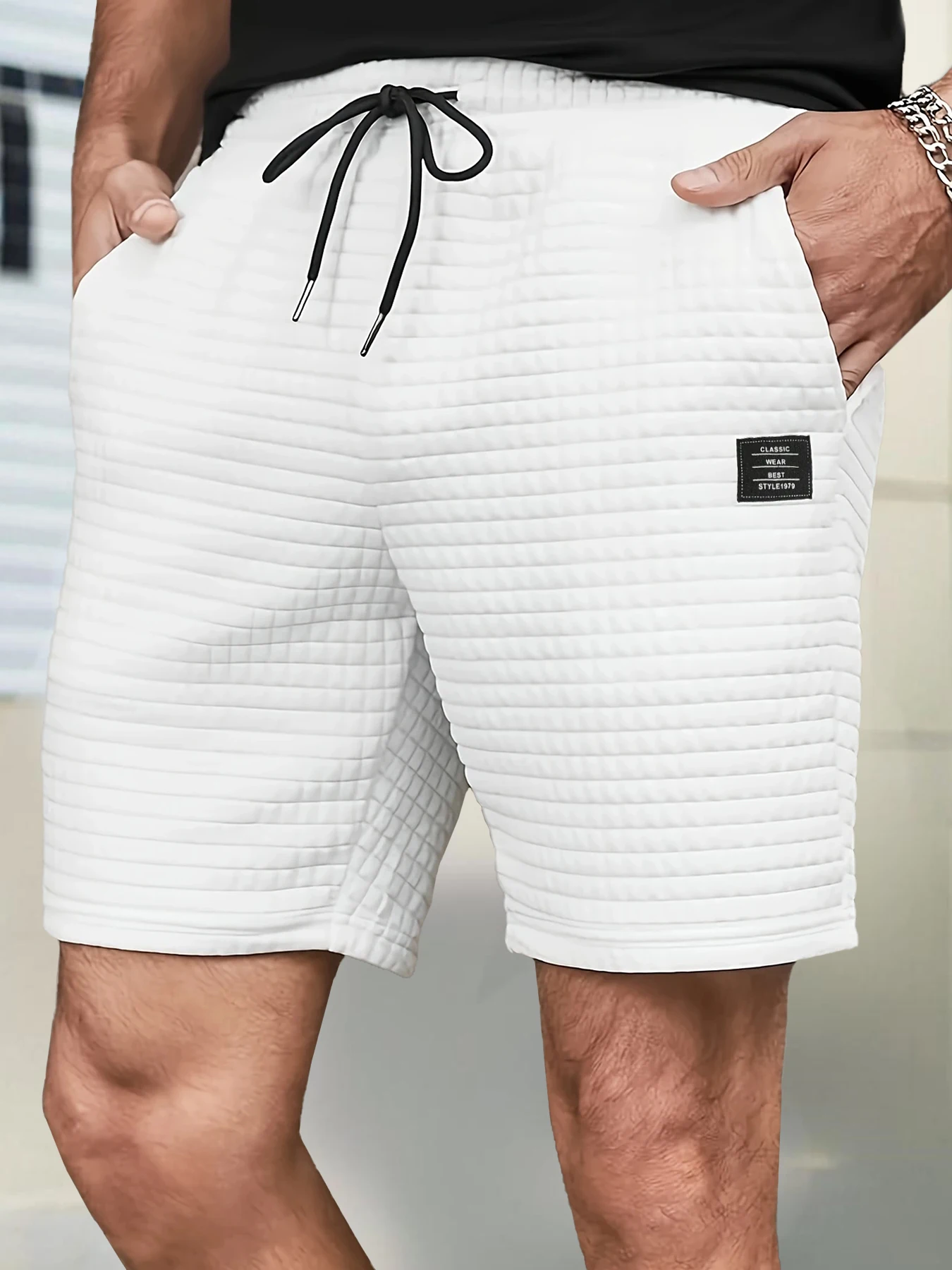 Gestrickte Jacquard-Shorts für Herren, Sommer, coole Sportbekleidung, einfarbig, lässige Shorts, Laufhose, Fitnessstudio, Fitness, Jogging, kurze Hose – Detail 4