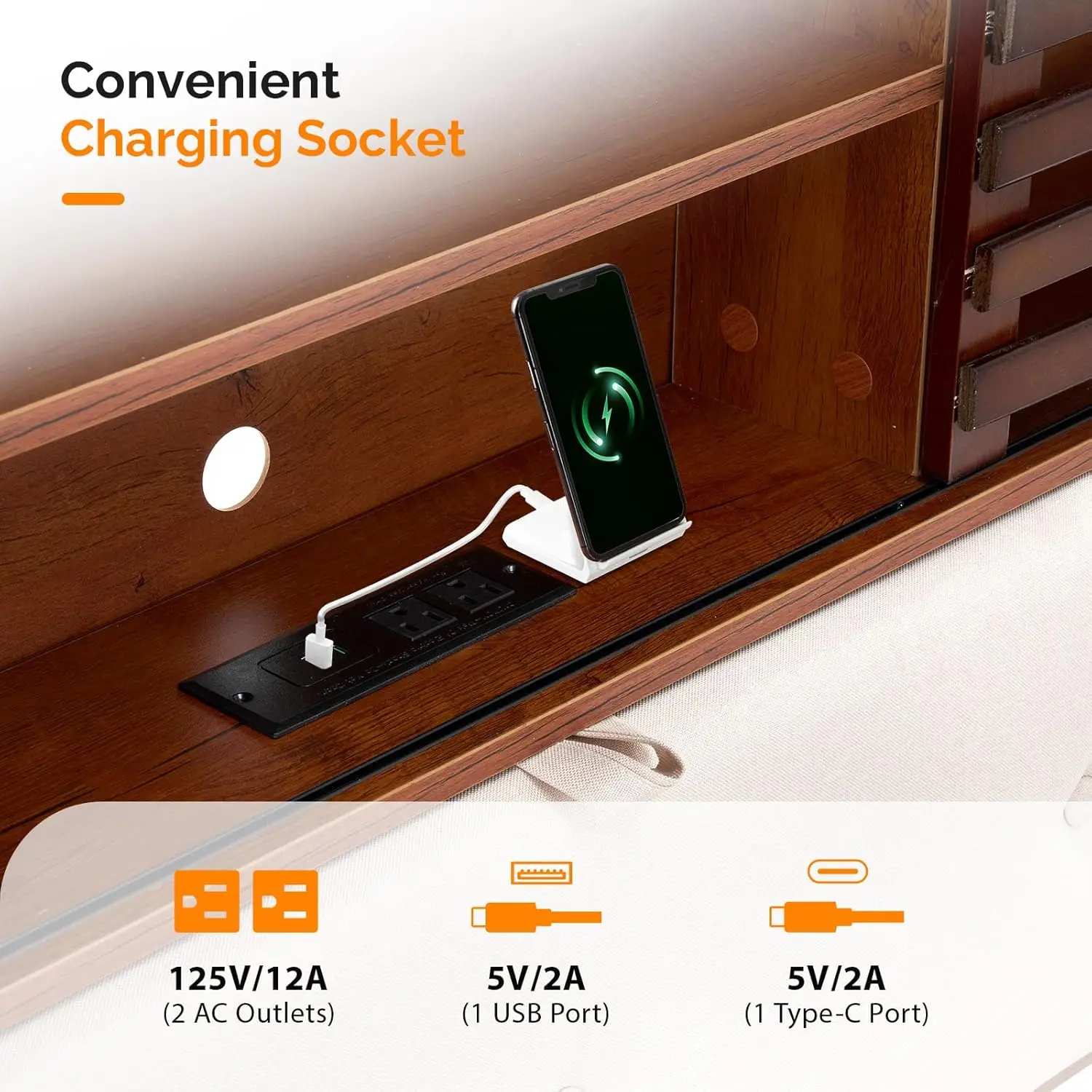 Queen Size Wooden Bed Frame with 52'' Extra LED Upholstered Bookcase Storage Headboard, Charging Station,No Box Spring Needed