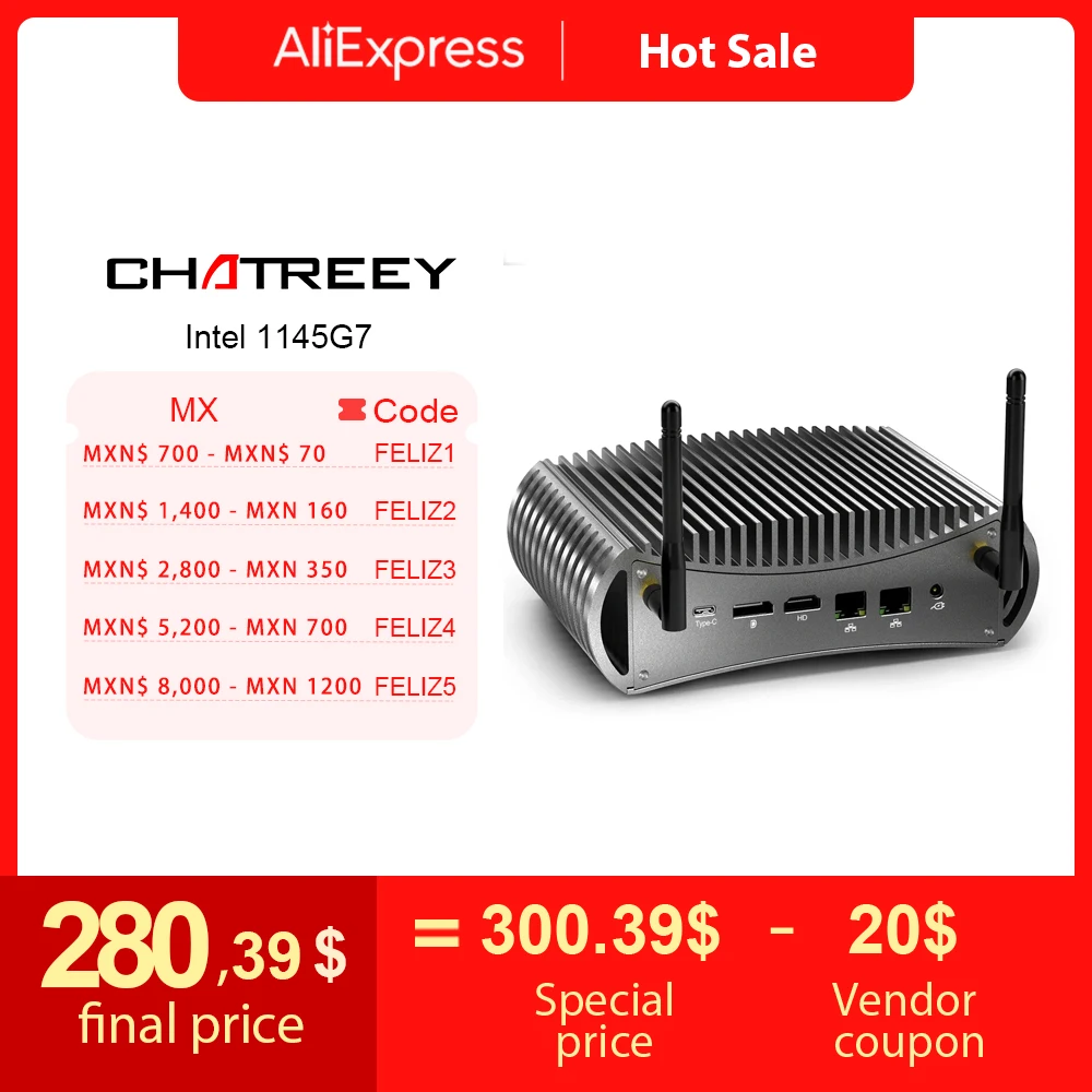 

Chatreey TK11- F Intel 11th i5 1145G7 Fanless Mini PC Gaming Desktop Computer 3x4K@60GHZ Output Thundbolt 4 Support NVME SSD