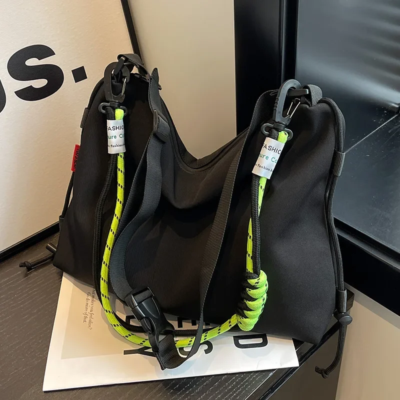 

Black Laptop Shoulder Bag Japanese Colored Elastic Rope Unisex Students Handbag Stylish Nylon Sweethearts Crossbody Bags