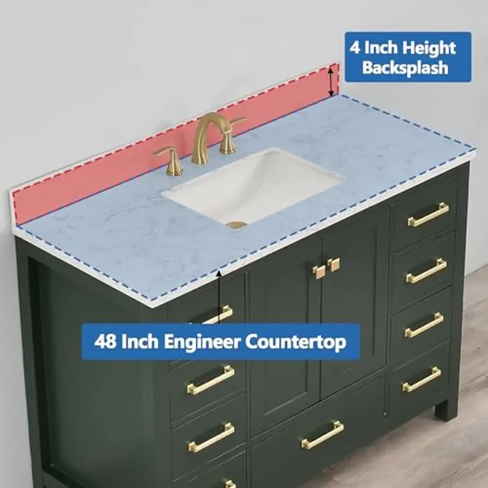 48" x 22" Stone Vanity Top with Sink and 8 Inch Faucet Holes Durable Easy Installation Elegant Design Fits Most Standard 48" 3