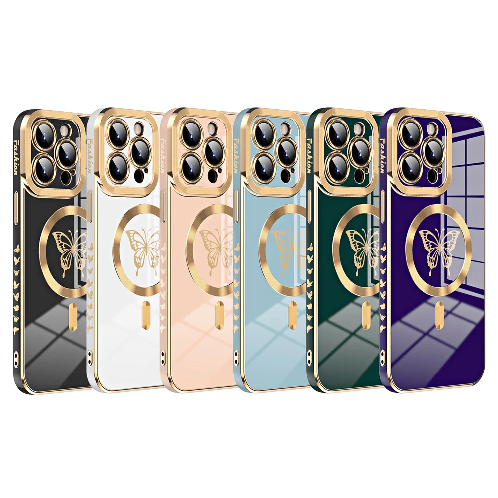 Coque de luxe plaquée or avec papillon Magsafe pour iPhone 16 15 Pro Max 14 13 12 11 Protection de l'objectif de l'appareil photo Charge sans fil Funda 14 Pro_voghion.com