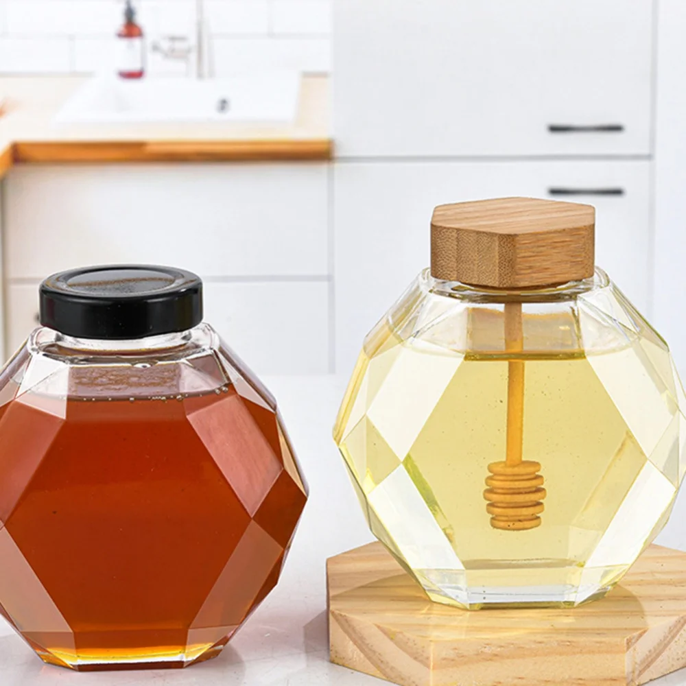 Hexagonal Glass Honey Bottle with Wooden Stirring Rod Honey Packaging Bottle Small Honey Bottle Container Honey Jar Storage Can 4