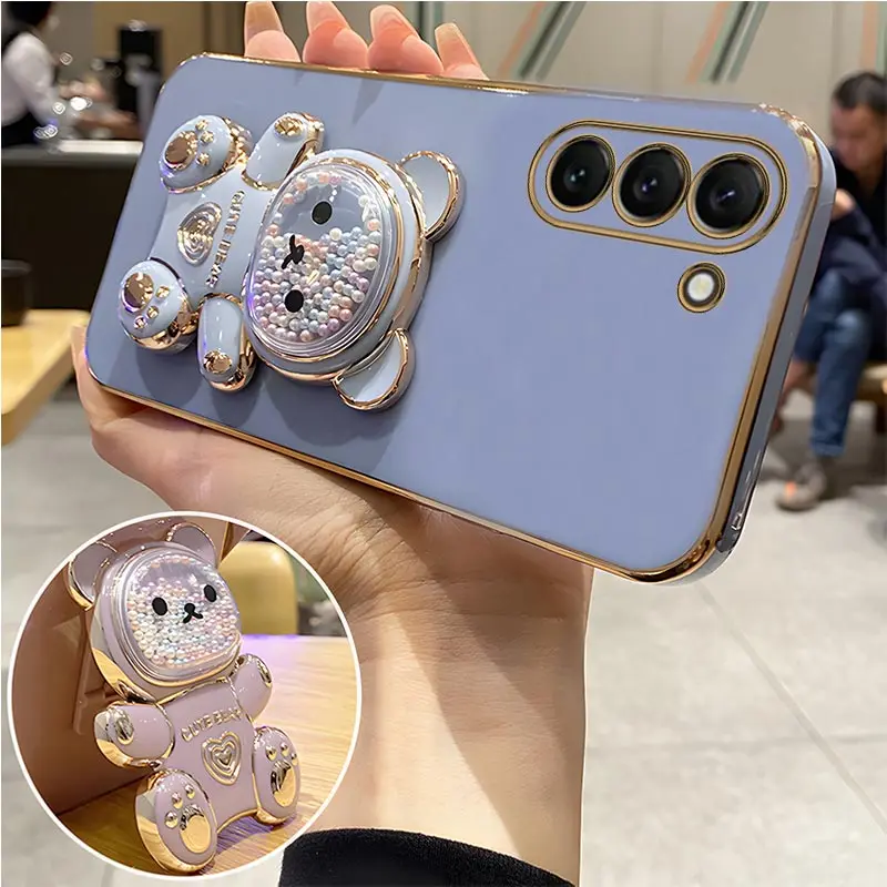Coque de téléphone plaquée avec support d'ours mouvant, étui mignon pour Samsung Galaxy S23 S21 S20 S22 S10 Note 10 20 23 Plus Ultra S21Fe_voghion.com
