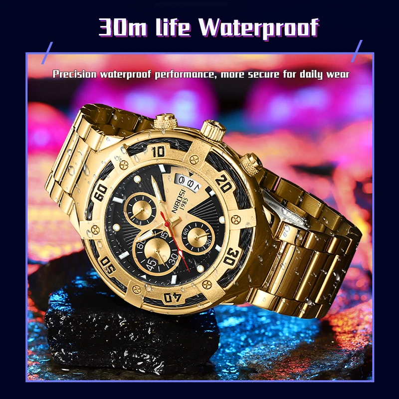 NIBOSI Brand Luxury Gold Quartz Watch for Men Sport Waterproof Stainless Steel Chronograph Wristwatch Mens Relogio Masculino