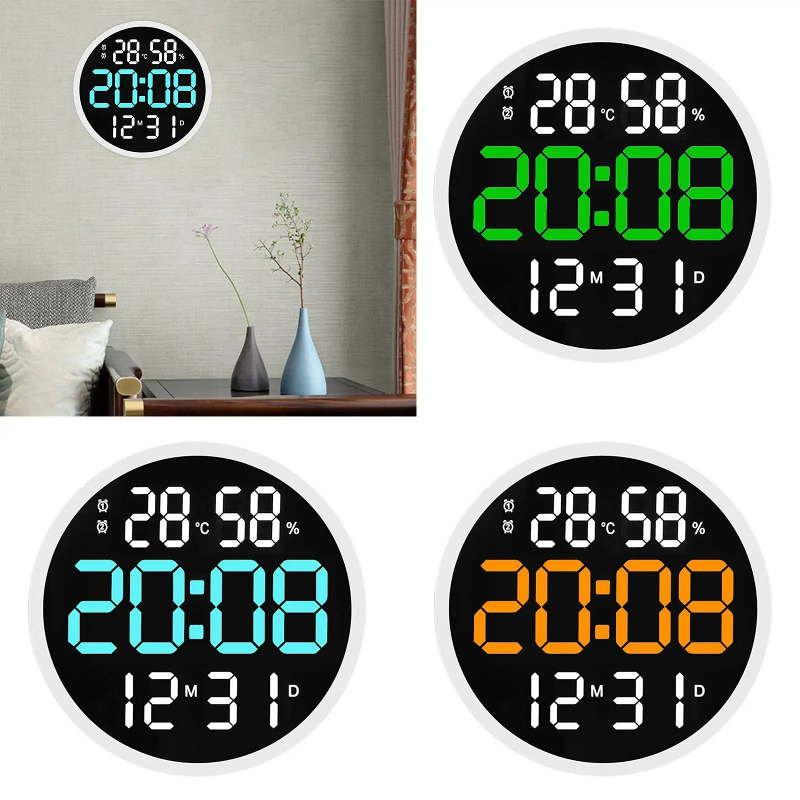 Round 12 inch Digital Wall Clock Adjustable Brightness Large Display 12/24H LED Alarms Clock for Restaurant kitchen Bedroom