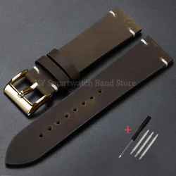 Handcrafted Vintage Oil Wax Leather Watch Band - Premium Cowhide Strap with Handmade Stitching - 22mm (DarkBrown - Gold)