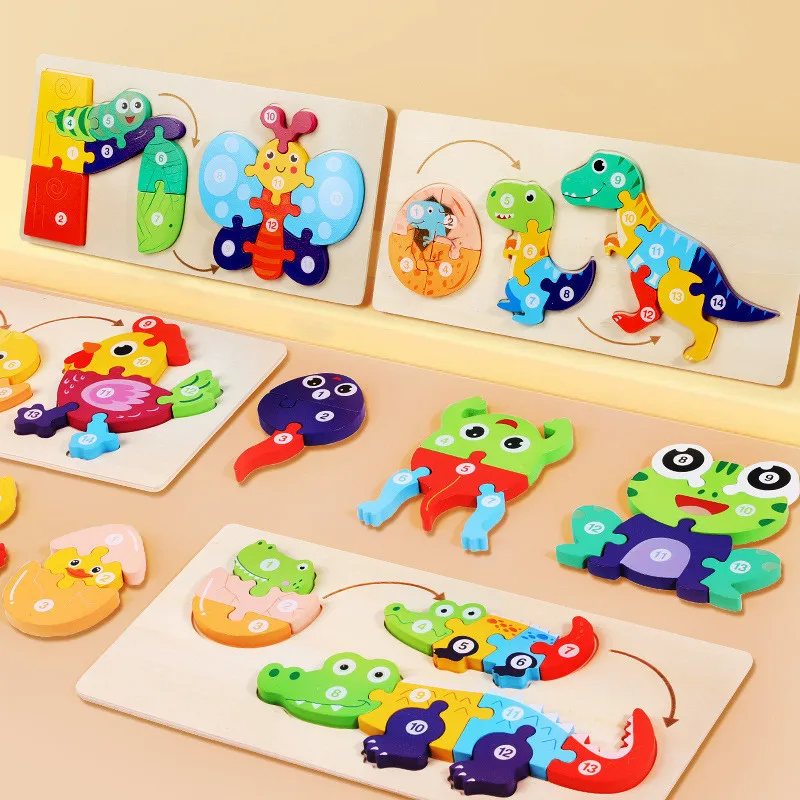 

Wooden Kids Early Education Enlightenment t 3D Growth Puzzle Animal Evolution Process Cognitive Puzzle Building Blocks Toys