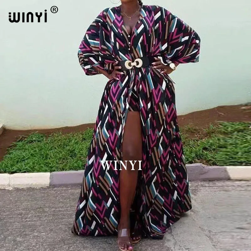 

2021 two-piece suit Bohemian Printed Over Size V-neck Batwing Sleeve trab Dress Women Elastic Silk Floor Length New Fashion Tide