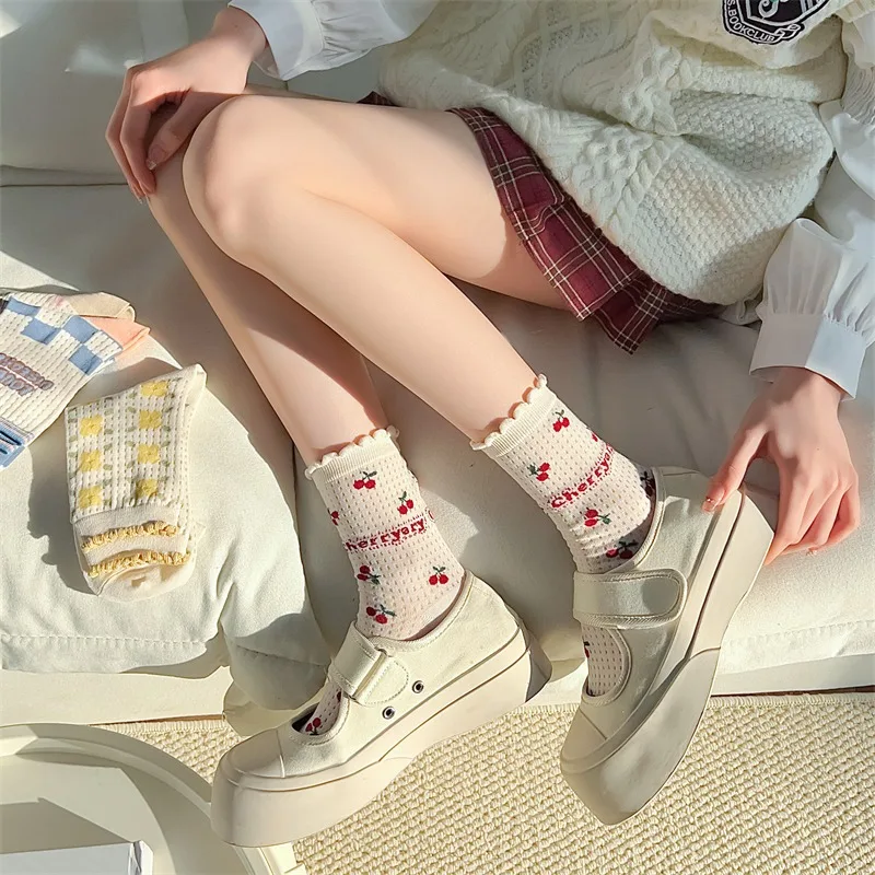Summer Cherry Print Socks Female Thin Mesh Socks Students Girls Cute Kawaii Harajuku Socks For Girls Gift Streetwear Ruffle Soks