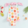 FOCUSNORM 1-6Y Little Kids Girls Summer Bathing Suit Flower Print Frill Trim Round Neck Sleeveless Swimsuit with 3D Bow 2