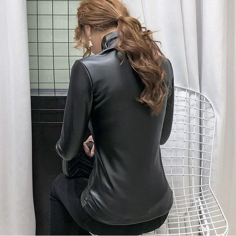 1pcs Women's Short PU Leather Tops 2024 Winter Faux Fur Color Splicing Turtleneck Primer Shirts Ladies Skinny Locomotive Shirt