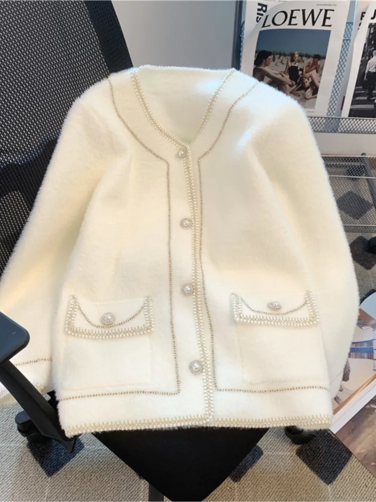 

Winter New Fashion Women Long Sleeves Fleece Cardigan Elegant Solid Casual Vintage White Coats Femme Outerwear Jackets Clothes