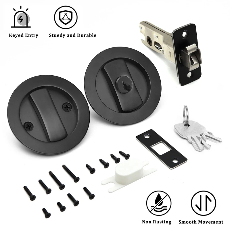 Round Sliding Door Lock Sliding Barn Door Lock Latch Embedded Matte Black Privacy Pocket With Keys