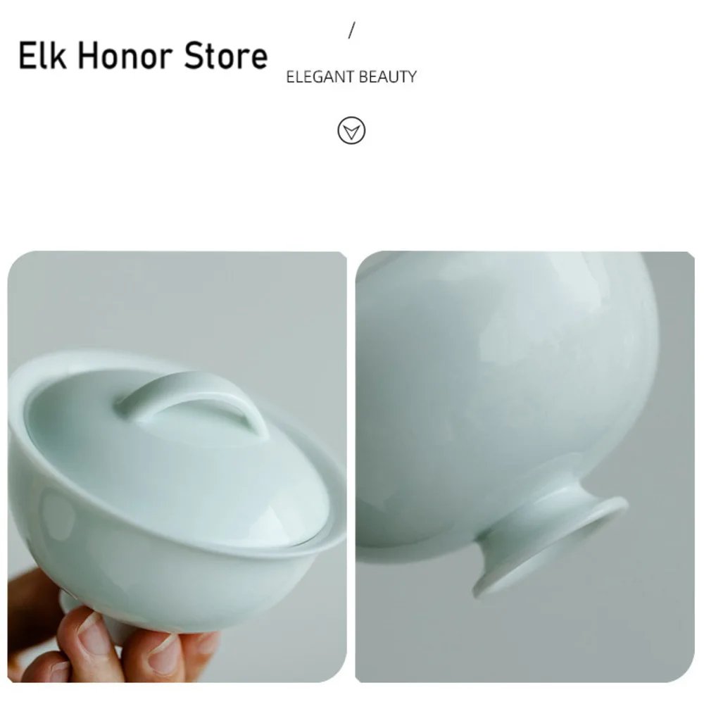 110ml Boutique Misty Blue Ceramic Tea Tureen Chiense Consensus Tea Bowl with Lid Circular Soaking Gaiwan Kung Fu Teaset Gift