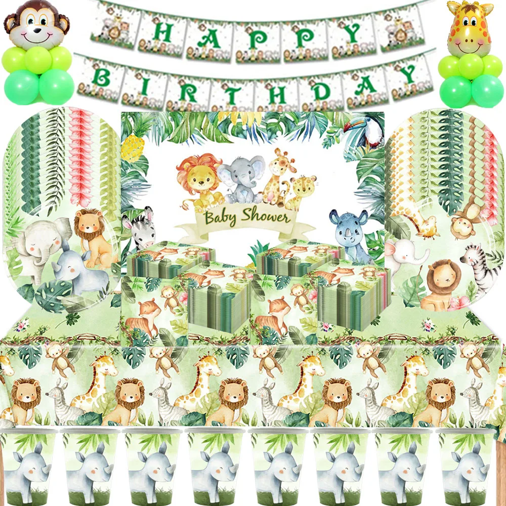 

Lovely Animal Jungle Safari Birthday Party Decoration Set Tableware Plates Napkins Tablecloths Straws Cups Supplies Baby Shower