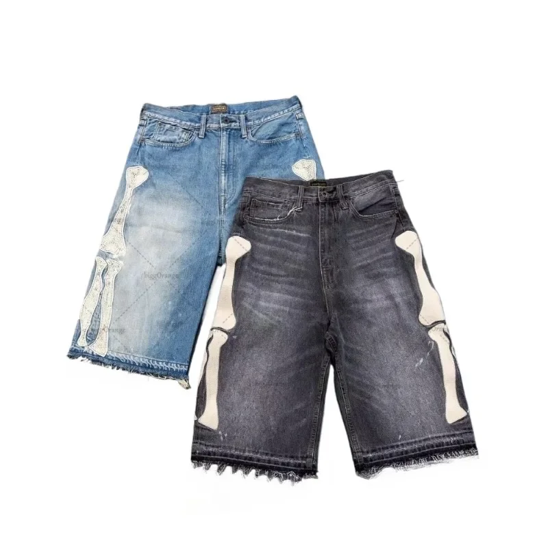 2024 European and American Summer Retro Skeleton Denim Shorts Sports Casual Shorts New Couple Wear Street Wear Five-Fifth Pants 3