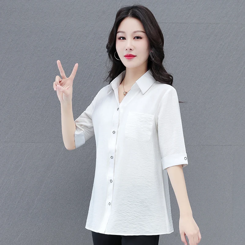 New Fashionable And Versatile Pure Color Comfortable 5-Point Sleeve Top Women'S Spring And Summer Collar Casual Slimming Shirt