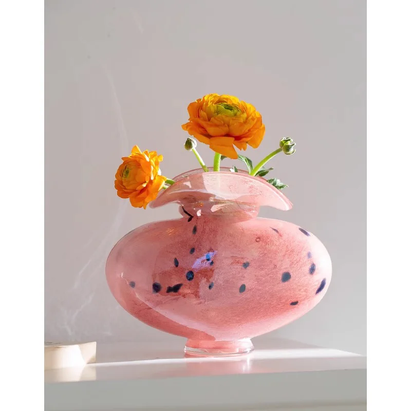 مزهرية زجاجية فرنسية عتيقة لطاولة غرفة المعيشة - تصميم فاخر منقط وردي، قطعة مركزية أنيقة على شكل زهور، مصنوعة يدويًا في منتصف C