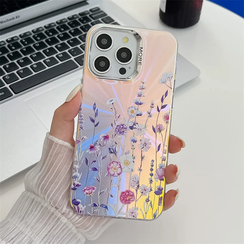 Coque de téléphone de luxe galvanisée à motif de fleur laser pour iPhone 16 15 14 13 Pro Max, coque arrière rigide antichoc en PC mat_voghion.com