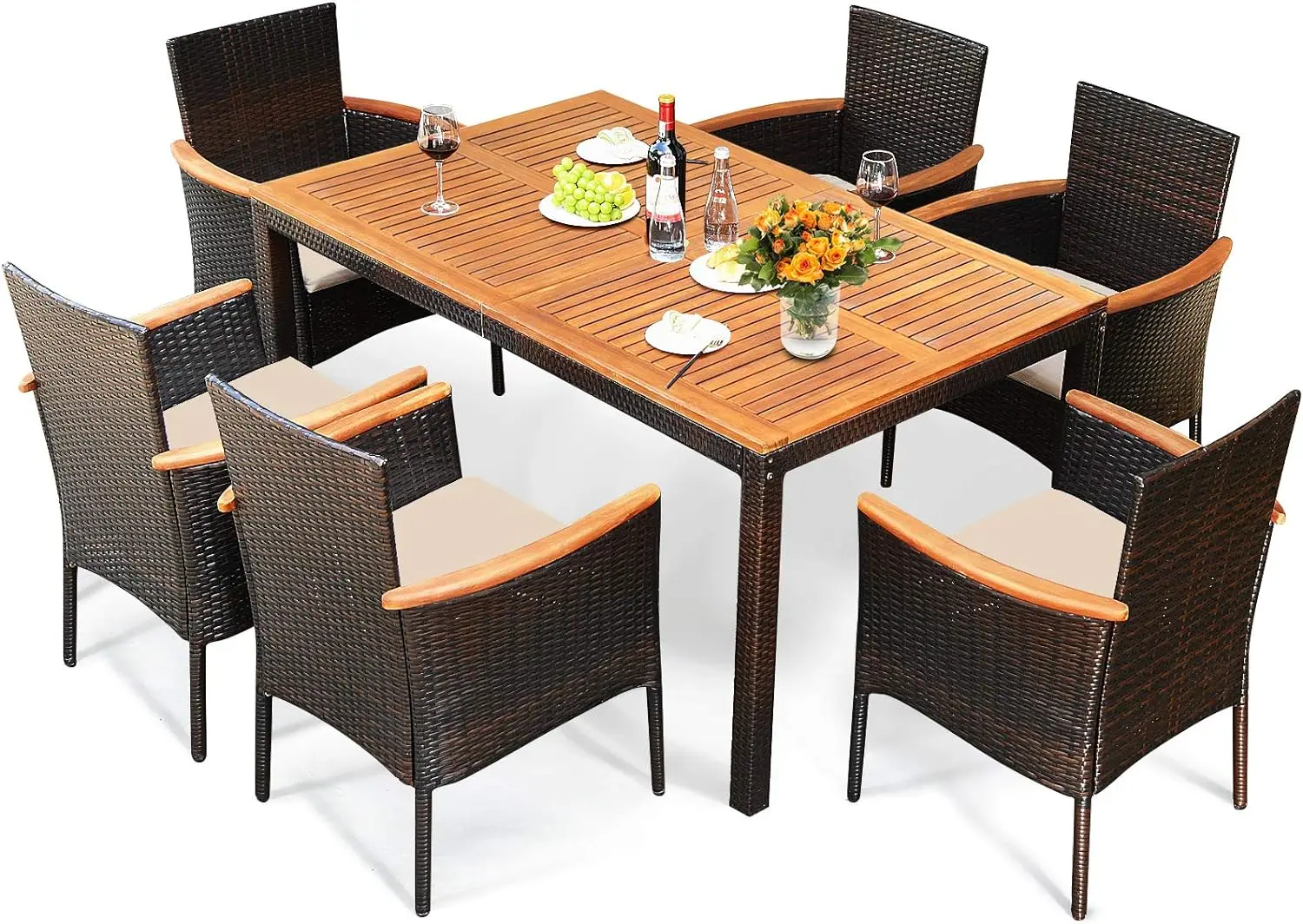 

Patio Rattan Dining Set, Outdoor Conversation Set Wood Tabletop & Umbrella Hole, Stackable Chairs Cushion, Table and Chair