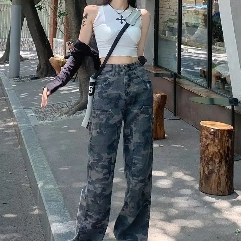 Camouflage Workwear Jeans Spicy Girl Xia Chunqiu High Waisted Wide Legged Loose Fitting, Slimming Floor Mop Pants In Fashion