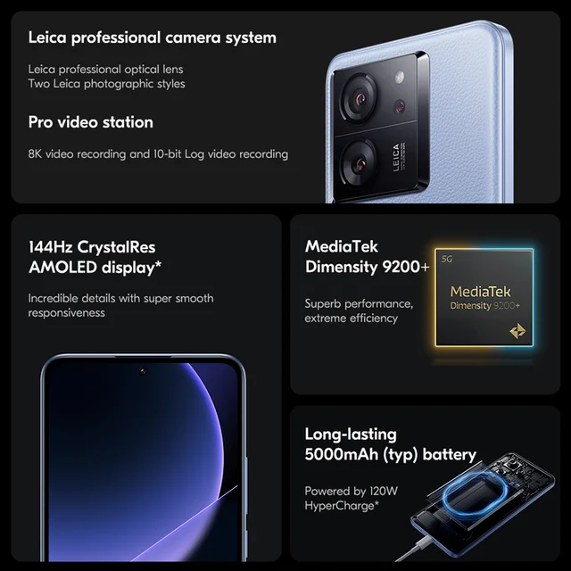 Global Version Xiaomi Mi 13T Pro Cellphone 144Hz AMOLED Display 50MP Leica Camera 120W HyperCharge MTK Dimensity 9200+ MIUI 14 2