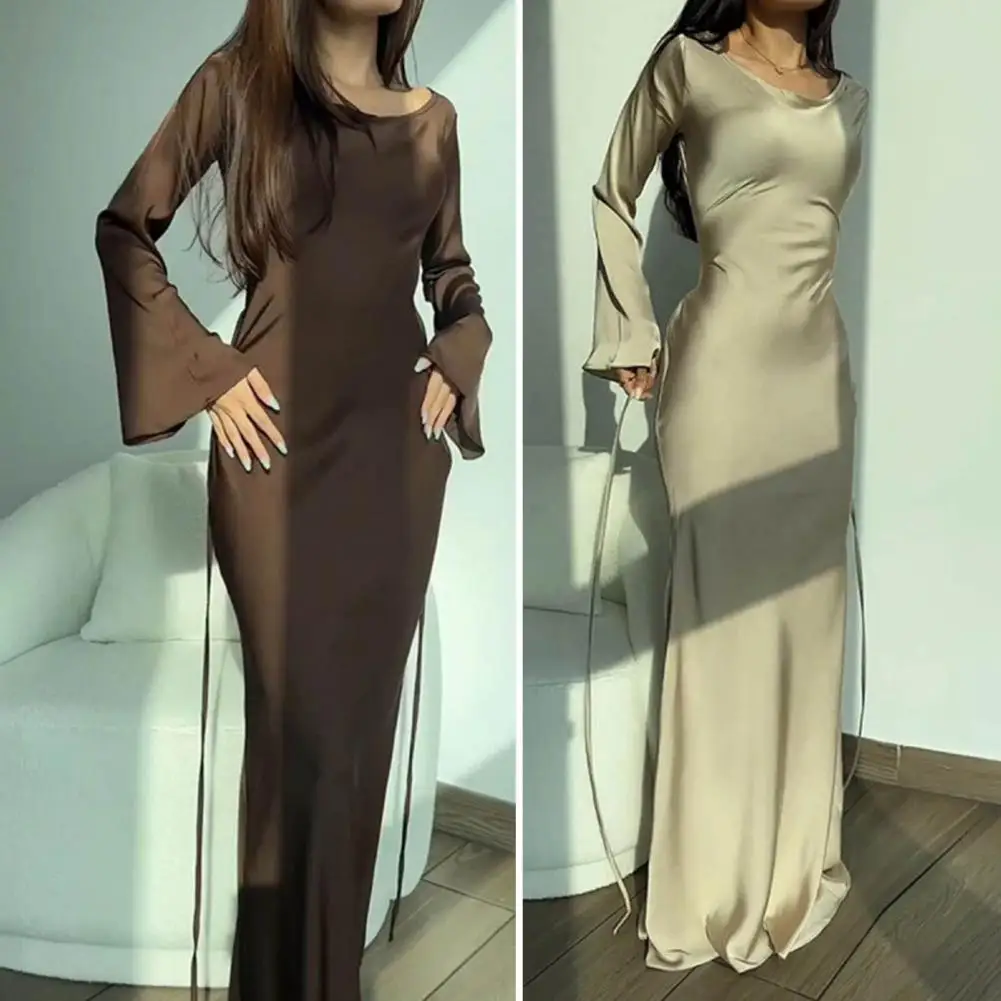 

Spring Women Dress Round Neck Long Horn Sleeve Satin Floor Length Sexy Evening Dress Breathable Prom Party Maxi Dress