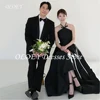 OLOEY Simple Halter Neck Black Korea Wedding Dresses Photos Shoot Customized Draped Satin Sleeveless Backless Bridal Party Gown 1