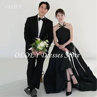 OLOEY Simple Halter Neck Black Korea Wedding Dresses Photos Shoot Customized Draped Satin Sleeveless Backless Bridal Party Gown 1