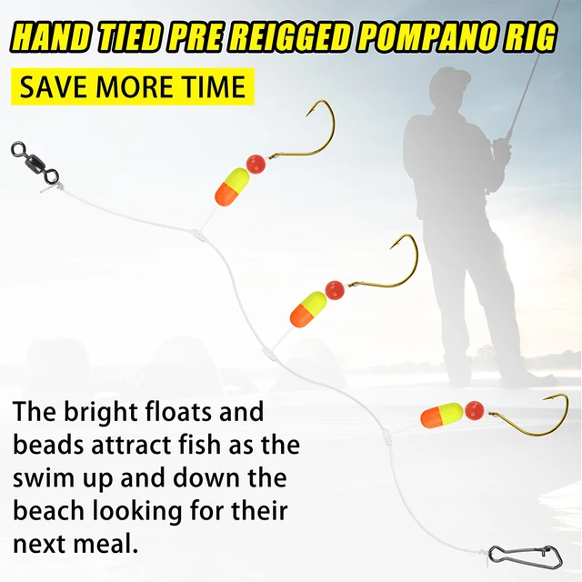 OROOTL Surf Fishing Pompano Rigs, 6pcs Surf Fishing Rigs Pre-Tied Saltwater  Pompano Rigs with Floats Hooks Swivel Snap Beads Saltwater Fishing Gear